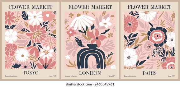 Set of abstract Flower Market posters. Trendy botanical wall art with floral design in pink pastel color. Modern naive groovy funky interior decorations, paintings. Hand drawn Vector art illustration 