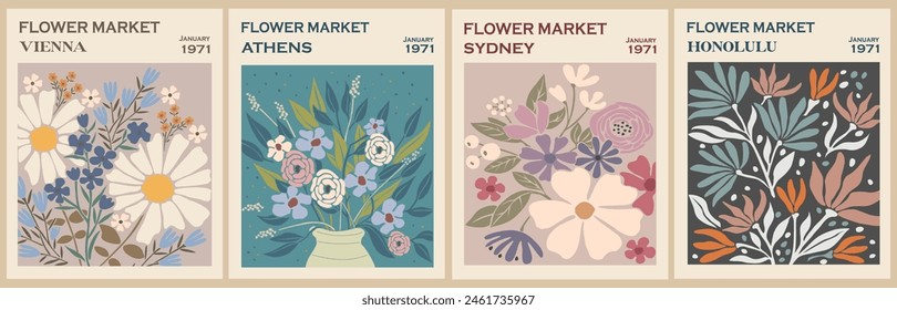 Set of abstract Flower Market posters. Trendy botanical wall arts with floral design in danish pastel colors. Modern naive groovy funky interior decorations, paintings. Vector art illustration.