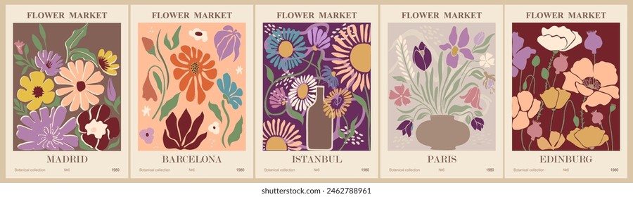 Set of abstract Flower Market posters. Trendy botanical wall arts with floral design in Peach Fuzz colors. Modern naive groovy funky interior decorations, paintings. Vector art illustration. Not AI