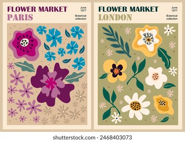 Set of abstract Flower Market posters. Trendy botanical wall arts with floral design in danish pastel colors. Modern naive groovy funky interior decorations, paintings. Vector art illustration.