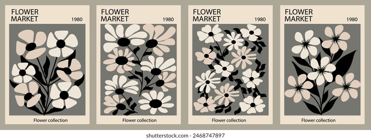Set of abstract Flower Market posters. Trendy botanical wall arts with floral design in bright colors. Modern naive funky interior decorations. Vector art illustration