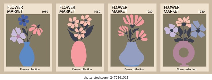 Set of abstract Flower Market posters with flowers and vase . Trendy botanical wall arts with floral design in bright colors. Modern naive funky interior decorations. Vector art illustration