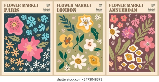 Set of abstract Flower Market posters. Trendy botanical wall arts with floral design in danish pastel colors. Modern naive groovy funky interior decorations, paintings. Vector art illustration.