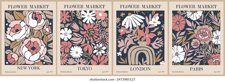 Conjunto de carteles abstractos del mercado de flores. Arte botánico de moda con diseño floral en colores pastel daneses. Decoraciones de interiores modernas naive groovy funky, pinturas. Vector dibujado a mano ilustración.