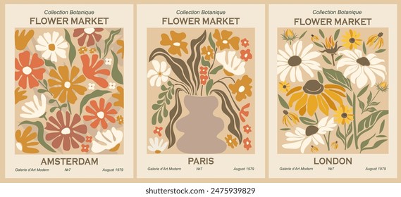 Set of abstract Flower Market Posters. Trendy botanical wall art with floral design in Mid Century colors. Text in French Botanical collection, Art Gallery. Vector art illustration. Hand drawn, not AI