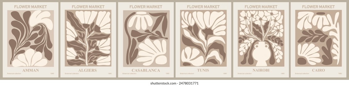 Set of abstract Flower Market Posters. Trendy botanical wall arts with floral design in monochrome beige colors. Modern naive groovy funky interior decorations, paintings. Vector art illustration