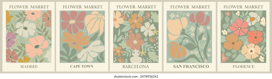 Set of abstract Flower Market posters. Trendy botanical wall arts with floral design in danish pastel colors. Modern naive groovy funky interior decorations, paintings. Vector art illustration.