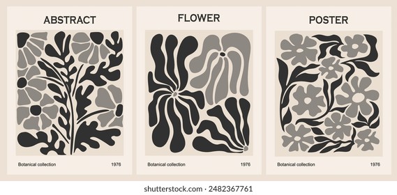 Set of abstract Flower Market posters. Trendy botanical wall arts with floral design in beige and black colors. Modern naive groovy funky interior decorations, paintings. Vector art illustration.