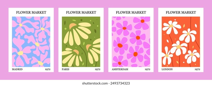 Set of Abstract Flower Market Posters. Trendy Botanical Wall Arts with Floral Design In Bright Colors. Vector Illustration.