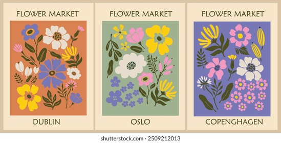 Set of abstract Flower Market posters. Trendy botanical wall arts with floral design in danish pastel colors. Modern naive groovy funky interior decorations, paintings. Vector art illustration