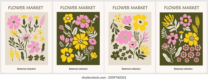 Set of abstract Flower Market posters. Trendy botanical wall arts with floral design in retro 70s colors. Modern naive groovy funky interior decorations, paintings. Vector art illustration