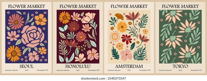 Conjunto de pôsteres abstratos do Mercado de flores. Trendy arte de parede botânica com design floral em tons de terra sage cores verdes. Moderna ingênua groovy funky decorações interiores, pinturas. Ilustração de arte vetorial