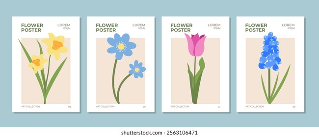 Set of Abstract Flower Market Posters in Flat Style. Simple Spring and Summer Floral Card Design. Trendy botanical wall art with floral design. Modern naive, groovy, funky Interior Templates, painting