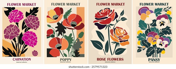 Set of Abstract flower market posters, botanical prints with floral design in retro mid Century modern style. Colorful flat vector art illustrations