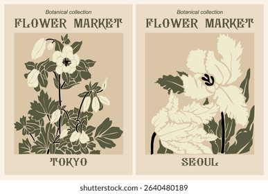 Set Abstract Flower Market posters Tokyo, Seoul. Trendy botanical wall art with floral design in sage green colors. Modern naive groovy funky interior decoration, painting. Vector art illustration.