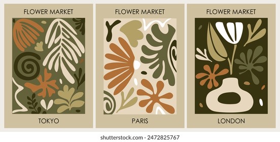 Set of abstract Flower Market retro posters. Trendy botanical wall arts with floral design in sage green colors. Modern naive groovy funky interior decorations, paintings. Vector art illustration.