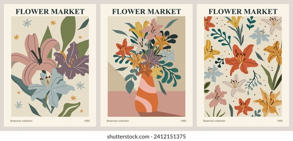 Set of abstract Flower Market vector art posters.