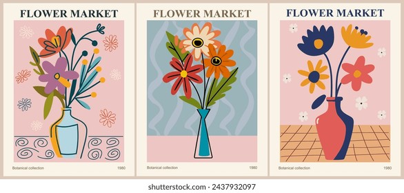 Set of Abstract Flower Market vector posters. 