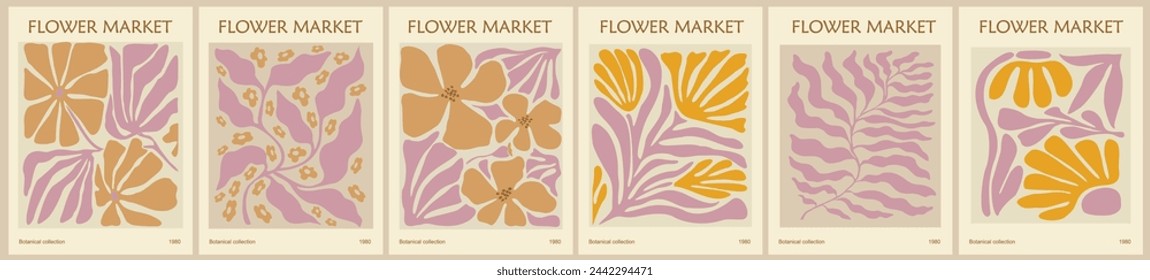 Set of abstract flower market vector art posters. 