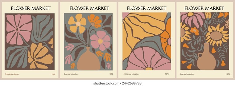 Set of abstract flower market vector art posters. 