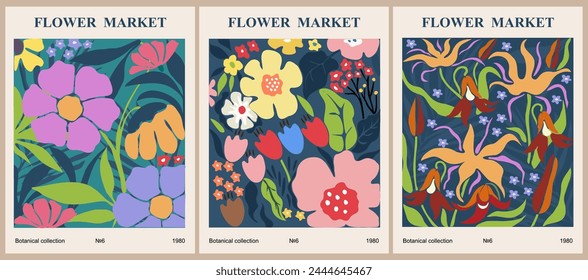 Conjunto de carteles abstractos del Arte vectorial del mercado de flores. 