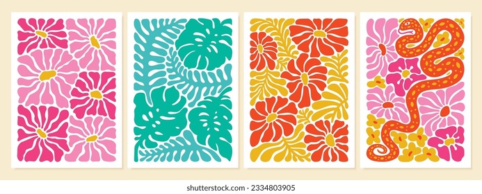 Juego de afiches de flores abstractas. Colección abstracta de arte botánico a la moda de Groovy. Decoración moderna naive y divertida estilo hippie, cuadros. Ilustración del vector