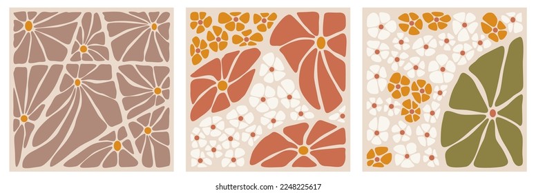 A set of abstract flower posters. Naive retro illustrations in the hippie style of the 60s - 70s. Botanical vector backgrounds in earthy tones. For postcards, posters, web, tee print.