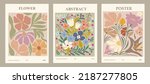 Set of abstract flower posters. Trendy botanical wall arts with floral design in danish pastel colors. Modern naive groovy funky interior decorations, paintings. Vector art illustration.