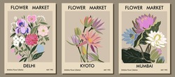 Set Of Abstract Flower Posters. Trendy Botanical Wall Arts With Floral Design In Danish Pastel Colors. Modern Naive Groovy Funky Interior Decorations, Paintings. Vector Art Illustration.