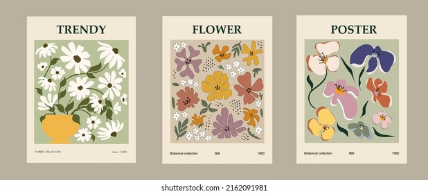 Set abstract flower posters  Trendy botanical wall arts and floral illustration in hippie style  Modern naive groovy funky interior decorations  paintings  Colorful flat vector design 