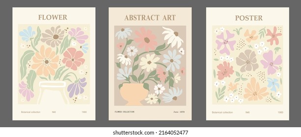 Set of abstract flower posters. Trendy botanical wall arts with floral design in danish pastel colors. Modern naive groovy funky interior decorations, paintings. Vector art illustration.