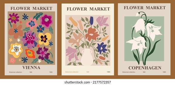 Set of abstract flower posters. Trendy botanical wall arts with floral design in earth tone colors. Modern naive groovy funky interior decorations, paintings. Vector art illustration.