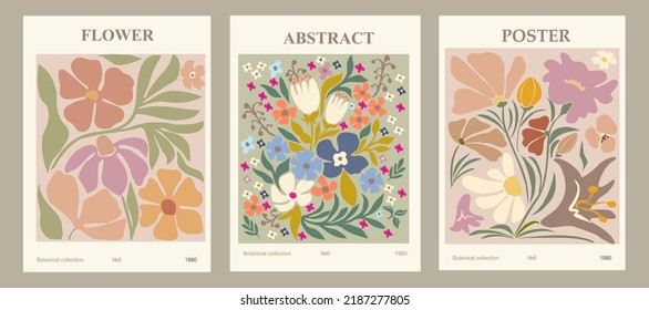 Set abstract flower posters  Trendy botanical wall arts and floral design in danish pastel colors  Modern naive groovy funky interior decorations  paintings  Vector art illustration 