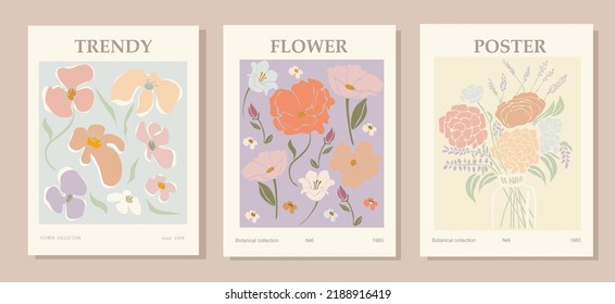 Set of abstract flower posters. Trendy botanical wall arts with floral design in danish pastel colors. Modern naive groovy funky interior decorations, paintings. Vector art illustration.