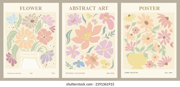 Set of abstract flower posters. Trendy botanical wall arts with floral design in danish pastel colors. Modern naive groovy funky interior decorations, paintings. Vector art illustration.