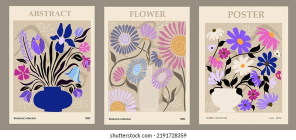 Set of abstract flower posters. Trendy botanical wall arts with floral design in danish pastel colors. Modern naive groovy funky interior decorations, paintings. Vector art illustration.