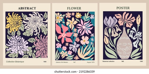 Set of abstract flower posters. Trendy botanical wall arts with floral design in modern blue and purple colors. Modern naive groovy funky interior decorations, paintings. Vector art illustration.