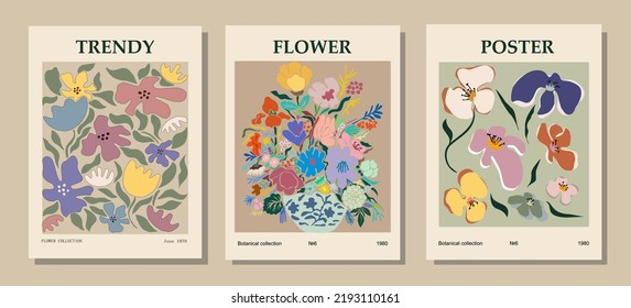 Set of abstract flower posters. Trendy botanical wall arts with floral design in danish pastel colors. Modern naive groovy funky interior decorations, paintings. Vector art illustration.