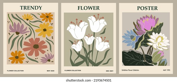 Set of abstract flower posters. Trendy botanical wall arts with floral design in earth tone colors. Modern naive groovy funky interior decorations, paintings. Vector art illustration.