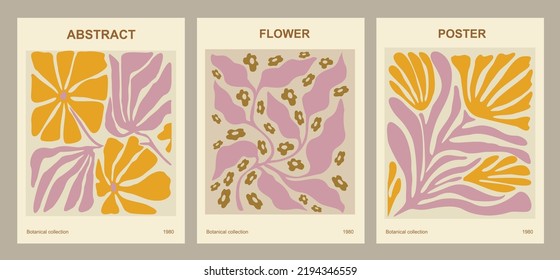 Set of abstract flower posters. Trendy botanical wall arts with floral design in danish pastel colors. Modern naive groovy funky interior decorations, paintings. Vector art illustration.