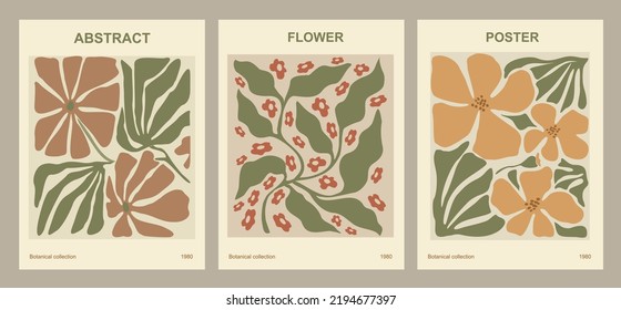 Set of abstract flower posters. Trendy botanical wall arts with floral design in earth tone colors. Modern naive groovy funky interior decorations, paintings. Vector art illustration.