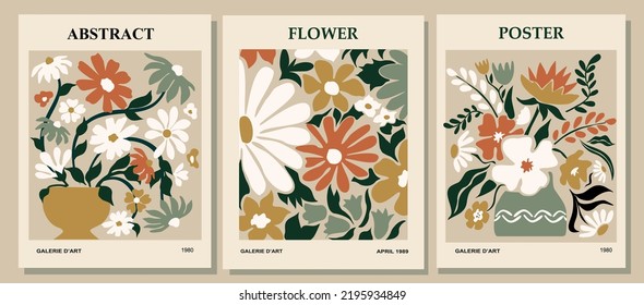 Set of abstract flower posters. Trendy botanical wall arts with floral design in earth tone colors. Modern naive groovy funky interior decorations, paintings. Vector art illustration.