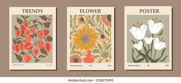 Set of abstract flower posters. Trendy botanical wall arts with floral design in earth tone colors. Modern naive groovy funky interior decorations, paintings. Vector art illustration.