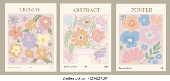 Set of abstract flower posters. Trendy botanical wall arts with floral design in danish pastel colors. Modern naive groovy funky interior decorations, paintings. Vector art illustration.