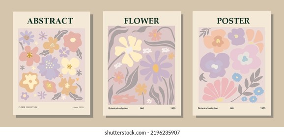 Set of abstract flower posters. Trendy botanical wall arts with floral design in danish pastel colors. Modern naive groovy funky interior decorations, paintings. Vector art illustration.