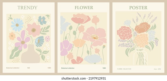 Set of abstract flower posters. Trendy botanical wall arts with floral design in danish pastel colors. Modern naive groovy funky interior decorations, paintings. Vector art illustration.