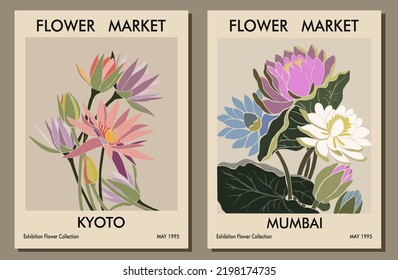 Set of abstract flower posters. Trendy botanical wall arts with floral design in danish pastel colors. Modern naive groovy funky interior decorations, paintings. Vector art illustration.