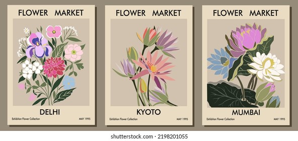 Set of abstract flower posters. Trendy botanical wall arts with floral design in danish pastel colors. Modern naive groovy funky interior decorations, paintings. Vector art illustration.