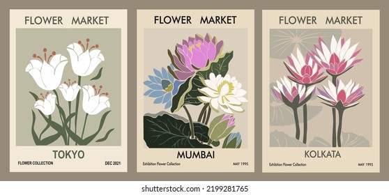 Set of abstract flower posters. Trendy botanical wall arts with floral design in sage green colors. Modern naive groovy funky interior decorations, paintings. Vector art illustration.