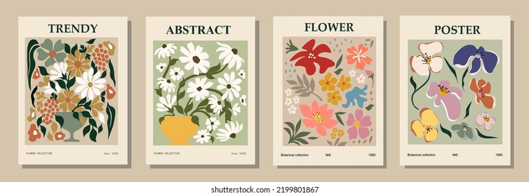 Set of abstract flower posters. Trendy botanical wall arts with floral design in earth tone colors. Modern naive groovy funky interior decorations, paintings. Vector art illustration.